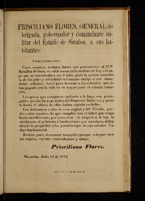 Vorschaubild von Prisciliano Flores, General de Brigada, gobernador y comandante militar el Estado de Sinaloa, a sus habitantes: