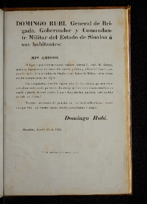 Vorschaubild von Domingo Rubi, General de Brigada, Gobernador y Comandante Militär del Estado de Sinaola a sus habitantes: