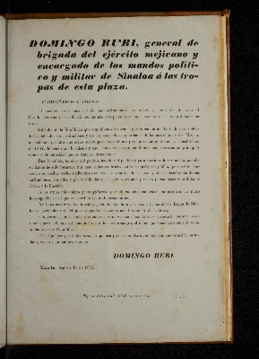 Vorschaubild von Domingo Rubi, General de Brigada del ejército mejicano y encargado de los mandos politico y militar de Sinaloa á las tropas de esta plaza.