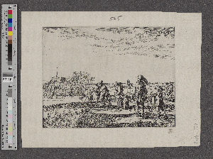 Vorschaubild von [Eine Familie mit einem bepackten Esel, im Hintergrund eine Kirche, davor eine Gruppe Reiter]