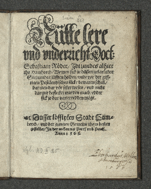 Vorschaubild von Nütte lere vnd vnderricht Doct. Sebastiani Röder, Idtzundes alhier tho Hamborch, We men sick in düssen gefarlicken Steruendeslüfften holden, vnde vor der gifftigen Pestilentzischen sücke bewaren schall ...