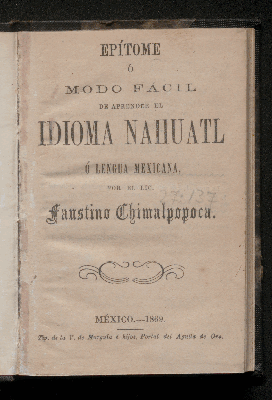 Vorschaubild von Epítome ó modo fácil de aprender el idioma nahuatl ó lengua mexicana