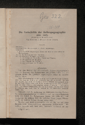 Vorschaubild von [Die Fortschritte der Anthropogeographie (1891-1907)]