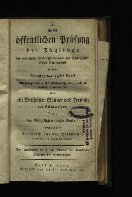 Vorschaubild von Dienstag den 25sten April ... Friedrich Ludwig Plesamann, Rektor des Gymnasiums. Das Auditorium ist in dem Vorsaal der königlichen Akademie der Wissenschaften