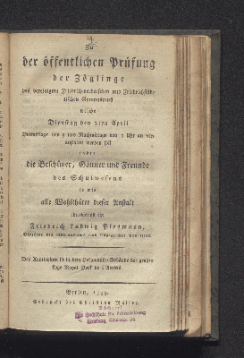 Vorschaubild von Dienstag den 2ten April 1799 ... Friedrich Ludwig Plesmann, Direktor des Gymnasiums und königlicher Professor. Das Autitorium ist in dem Oekonomie-Gebäude der großen Loge Royal York de l'Amitié