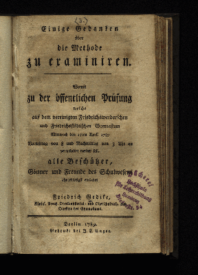 Vorschaubild von Einige Gedanken über die Methode zu examiniren ... Mittwoch den 15ten April 1789