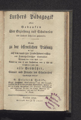 Vorschaubild von Luthers Pädagogik oder Gedanken über Erziehung und Schulwesen aus Luthers Schriften gesammlet