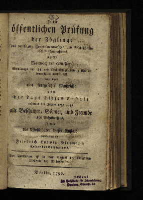 Vorschaubild von Mittwoch den 6ten April ... ladet durch eine fortgesetzte Nachricht von der Lage dieser Anstalt während des Jahres 1795 - 96 ... Friedrich Ludwig Plesamann, Rektor des Gymnasiums. Das Auditorium ist in dem Vorsaal der königlichen Akademie der Wissenschaften