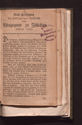 Vorschaubild von Erste Fortsetzung der halbjährigen Nachricht vom Pädagogium zu Züllichau Ostern 1787