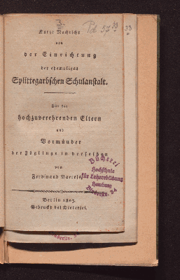 Vorschaubild von Kurze Nachricht von der Einrichtung der ehemaligen Splittegarbschen Schulanstalt