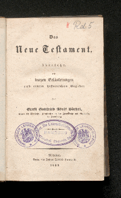 Vorschaubild von Das Neue Testament, übersetzt, mit kurzen Erläuterungen und einem historischen Register