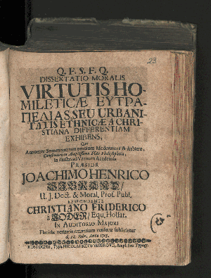 Vorschaubild von Dissertatio Moralis Virtutis Homileticæ Eutrapeliai, Seu Urbanitatis Ethnicæ A Christiana Differentiam Exhibens