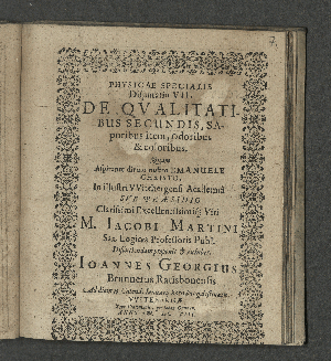 Vorschaubild von Physicae Specialis Disputatio VII. De Qvalitatibus Secundis, Saporibus item, odoribus & coloribus