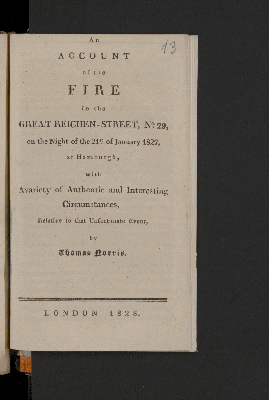 Vorschaubild von An account of the fire in the Great Reichen-Street, No. 29, on the night of the 24st of January 1827 at Hamburgh ...