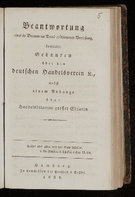 Vorschaubild von Beantwortung einer in Bremen im Druck erschienenen Vorlesung, betitelt: Gedanken über den deutschen Handelsverein etc.