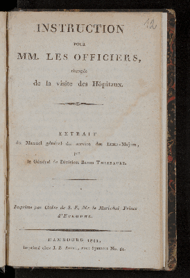 Vorschaubild von Instruction pour MM. les officiers, chargés de la visite des Hôtitaux