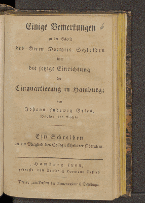 Vorschaubild von Einige Bemerkungen zu der Schrift des Herrn Schleiden über die jetzige Einrichtung der Einquartierung in Hamburg