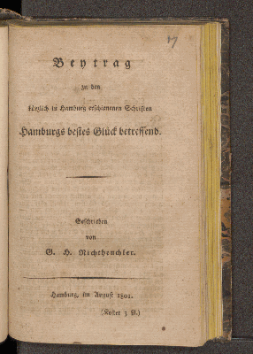 Vorschaubild von Beytrag zu den kürzlich in Hamburg erschienenen Schriften Hamburgs bestes Glück betreffend