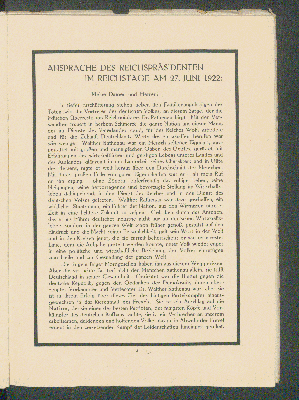 Vorschaubild von Ansprache des Reichspräsidenten im Reichstage am 27. Juni 1922: