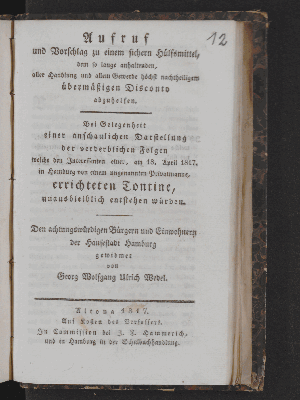 Vorschaubild von Aufruf und Vorschlag zu einem sichern Hülfsmittel, dem so lange anhaltenden, aller Handlung und allem Gewerbe höchst nachtheiligem übermäßigen Disconto abzuhelfen