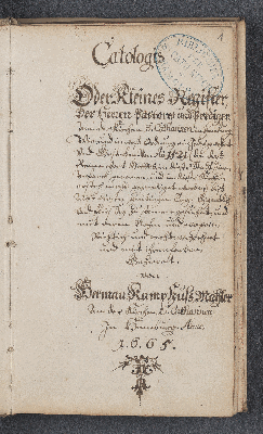 Vorschaubild von Catalogis oder Kleines Register der Herren Pastores und Prediger, ann der Kirchen S. Catharinen ... von Herman Kamphuß, Mahler an der Kirchen S. Catharinen Zu Hamburg 1665.