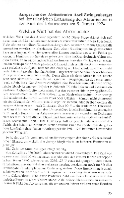 Vorschaubild von Ansprache des Abiturienten Axel Zwingenberger bei der feierlichen Entlassung der Abiturienten in der Aula des Johanneums am 5. Januar 1974