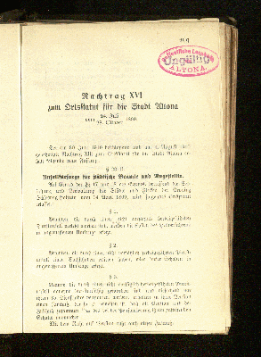Vorschaubild von Nachtrag XVI zum Ortstatut für die Stadt Altona vom 24. Juli / 28. Oktober 1890.