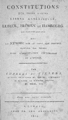 Vorschaubild von Constitutions Des Trois Villes Libres-Anséatiques, Lubeck, Brêmen Et Hambourg