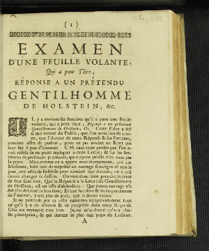 Vorschaubild von Examen D'Une Feuille Volante, Qui a pour Titre: Reponse A Un Pretendu Gentilhomme De Holstein, &amp;c. ; [A Hambourg le II. d'Aoust 1696. N. S.]