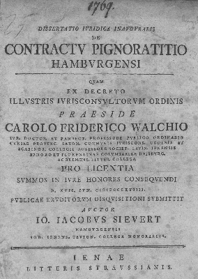 Vorschaubild von Dissertatio Iuridica Inauguralis De Contractu Pignoratitio Hamburgensi