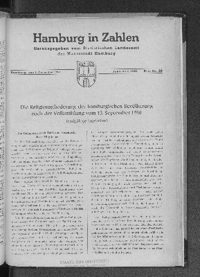 Vorschaubild von Die Religionsgliederung der hamburgischen Bevölkerung nach der Volkszählung vom 13. September 1950 (endgültige Ergebnisse)