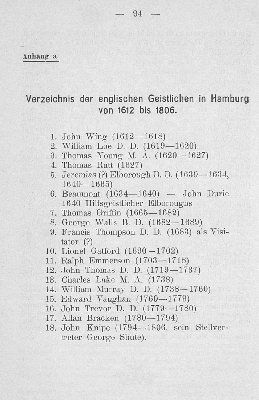 Vorschaubild von Anhang a. Verzeichnis der englischen Geistlichen in Hamburg von 1612 bis 1806.