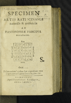 Vorschaubild von [Specimen Artis Ratiocinandi naturalis & artificialis Ad Pantosophiae Principia manuducens]