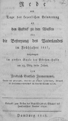 Vorschaubild von Rede am Tage der feyerlichen Erinnerung an den Aufruf zu den Waffen für die Befreyung des Vaterlandes im Frühjahre 1813 ...
