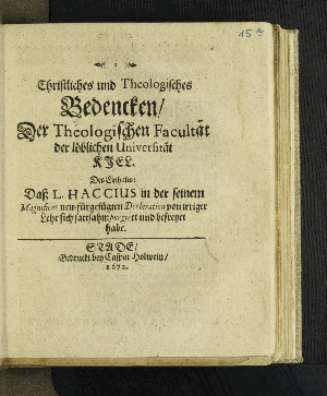 Vorschaubild von Des Einhalts: Daß L. Haccius in der seinem Magnificat neu-fürgefügten Declaration von irriger Lehr sich sattsahm purgiret und befreyet habe