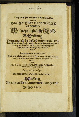 Vorschaubild von Des fürtrefflichen wolversuchten Meckelburgischen von Adel Herrn Johan Albrecht von Mandelslo Morgenländische Reise-Beschreibung