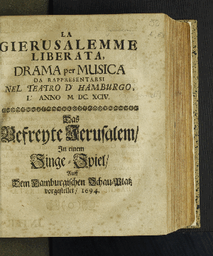 Vorschaubild von La Gierusalemme Liberata, Drama per Musica Da Rappresentarsi Nel Teatro D' Hamburgo, L' Anno M.DC.XCIV.