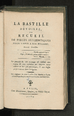 Vorschaubild von [La bastille dévoilée ou recueil de pièces authentiques pour servir à son histoire]