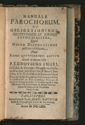 Vorschaubild von Manuale Parochorum, De Obligationibus Functionibus Et Juribus Parochialibus