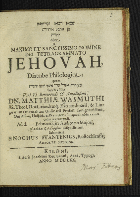 Vorschaubild von [...] Sive De Maximo Et Sanctissimo Nomine Dei Tetragrammato Jehovah, Diatribe Philologica