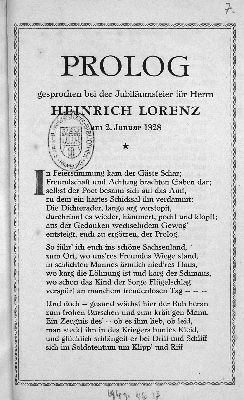 Vorschaubild von Prolog gesprochen bei der Jubiläumsfeier für Herrn Heinrich Lorenz am 2. Januar 1928