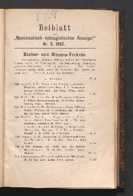 Vorschaubild von Beiblatt zum ,,Numismatisch-sphragistischen Anzeiger" Nr. 5, 1892