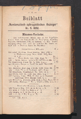 Vorschaubild von Beiblatt zum ,,Numismatisch-sphragistischen Anzeiger" Nr. 9, 1892