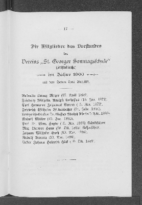 Vorschaubild von Die Mitglieder des Vorstandes des Vereins "St. Georger Sonntagsschule" (Stiftskirche) im Jahre 1900 mit dem Datum ihres Eintritts.
