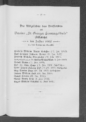 Vorschaubild von Die Mitglieder des Vorstandes des Vereins "St. Georger Sonntagsschule" (Stiftskirche) im Jahre 1902 mit dem Datum des Eintritts.