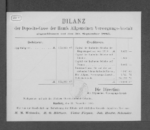 Vorschaubild von [Bilanz der Deposito-Casse der Hamburgischen Allgemeinen Versorgungs-Anstalt]