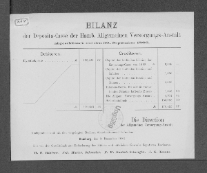 Vorschaubild von [Bilanz der Deposito-Casse der Hamburgischen Allgemeinen Versorgungs-Anstalt]