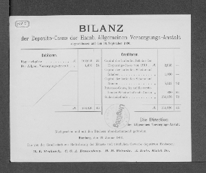 Vorschaubild von [Bilanz der Deposito-Casse der Hamburgischen Allgemeinen Versorgungs-Anstalt]