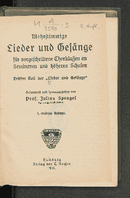 Vorschaubild von Mehrstimmige Lieder und Gesänge für vorgeschrittene Chorklassen an Seminaren und höheren Schulen