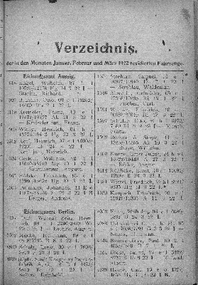 Vorschaubild von Verzeichnis der in den Monaten Januar, Februar und März 1922 revidirten Fahrzeuge.